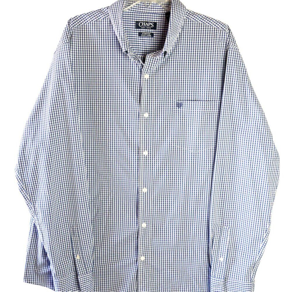 Chaps Men's 2XL Long Sleeve Shirt Easy Care Stretch Blue White Checkered